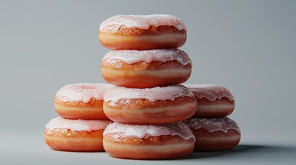 A towering pile of six scrumptious cake donuts set against a muted gray backdrop