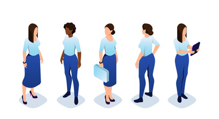 Obraz premium Isometric constructor to create a female character. Five diverse women in office attire, concept of professional diversity. Set of vector illustrations isolated on a white background