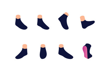 Constructor to create a female character. Set of separate body parts, feet, various socks for movement of characters. Concept of clothing diversity. Vector illustration isolated on a white background
