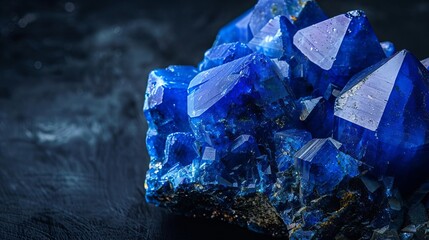 Depict a banner image of a lapis lazuli raw cluster, highlighted against a stark black background with significant space for copy