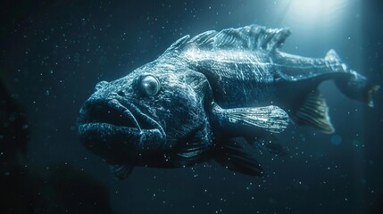 Fototapeta premium Depict a coelacanth caught in the beam of a submarines light, emphasizing its rare and elusive nature