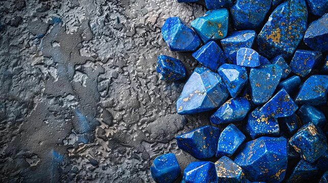Create an image of lapis lazuli gemstones scattered artistically on a softtextured background, ideal for a banner with copy space