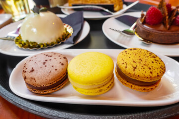 beautiful variety of pastries from the pastry shop served on round tray