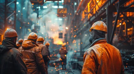 Fototapeta premium Depict a motivational scene in a metallurgy factory where workers celebrate the successful completion of a safe construction project