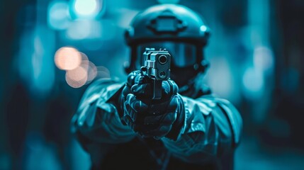 Fototapeta premium Depict a police officer, seen from behind, aiming their gun during a tense hostage rescue operation