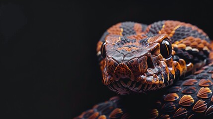 Depict a rattlesnake midstrike, against a black background, crafted as a vertical banner with space for copy on the top and bottom