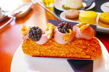 beautiful variety of pastries from the pastry shop served on round tray