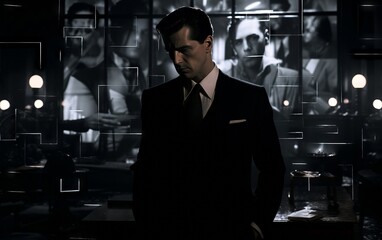 Indoor close-up photo of an elegant man in a black suit standing in front of multiple screens showing black-and-white images, moody lighting. From the series �Art Film - Black and White." - Powered by Adobe