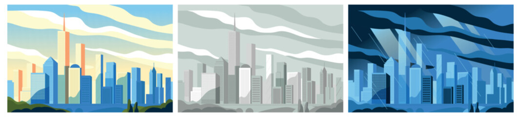 Three stylized cityscape scenes at different times of day, modern vector illustration, with varied color palettes representing dawn, day, and night