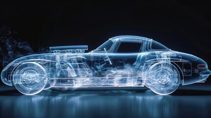 Depict an xray scene of a roadster during a crash test, showing the impact absorption and safety features in action