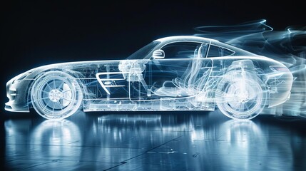 Depict an xray scene of a roadster during a crash test, showing the impact absorption and safety features in action