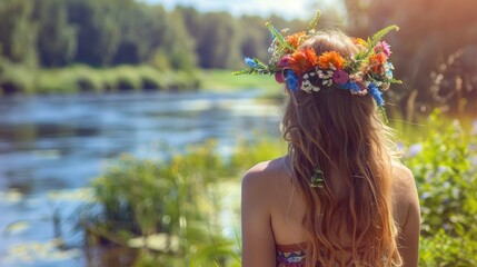 Fototapeta premium A girl adorned with a floral wreath stands by the river set against a sunny natural backdrop The focus is on the back view showcasing the floral crown that symbolizes the arrival of summer 