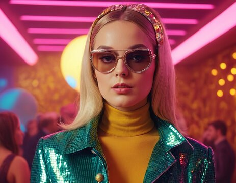 Glamorous retro vintage blonde woman in sunglasses and green outfit. Concept for fashion, event posters and advertising, style, nostalgia and glamor, party invitations