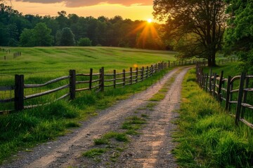 Fototapeta premium A peaceful country road leading through lush green meadows, with wooden fences and trees on both sides of the path Generative AI