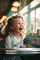 A young girl is caught in a candid moment of laughter, seated by a window inside a warmly lit diner, exuding happiness and innocence - Generative AI