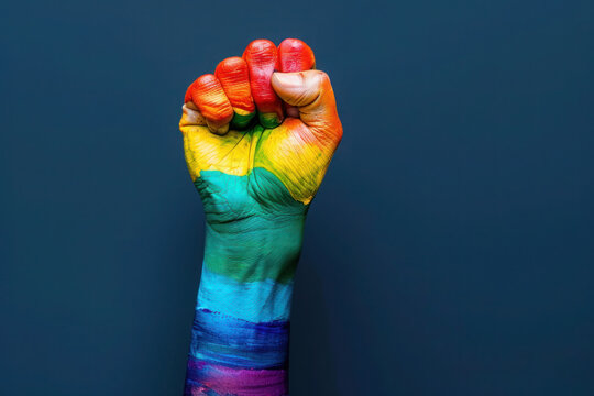 Close up of a raised fist with LGBT rainbow flag