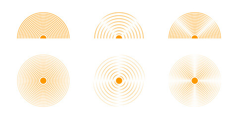 Concentric orange circles and semicircles. Sunburst, sunrise or sunset icons set. Pain localization signs. Shockwave or vibration symbols. Sound, radar or sonar wave pictograms. Vector illustration.