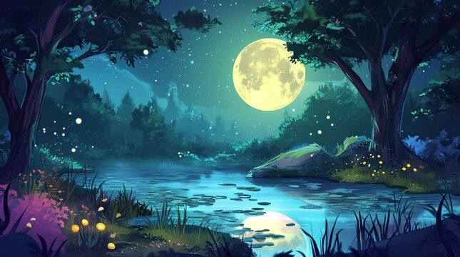 Tranquil river flowing through the forest under the full moon. Enchanting nocturnal scenery.
Seamless looping 4k time-lapse virtual video animation background. Generated AI