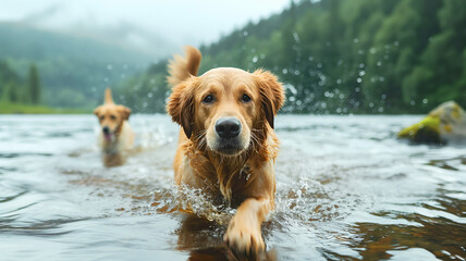 Two golden retrievers wade through water with splashes, surrounded by serene nature, reflecting their playful energy during a lake adventure - Generative AI