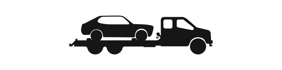 Tow truck vector black icon. Cargo transportation logo. Delivery by car vector. Transport for delivery icon. Fast delivery car. Black car, truck vector. Vector illustration.