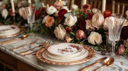 Naklejka premium luxury wedding tableware, elegant wedding setting with rose gold cutlery and fine china on marble table, creating a sophisticated look for a stylish celebration