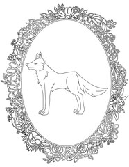 Wolf in A Floral Frame Coloring Page. Printable Coloring Worksheet for Kids. Educational Resources for School and Preschool.