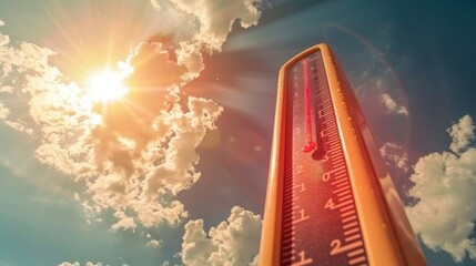 A thermometer shows high temperatures against a sunny, cloud-filled sky, indicating a hot day.