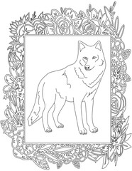 Wolf in A Floral Frame Coloring Page. Printable Coloring Worksheet for Kids. Educational Resources for School and Preschool.