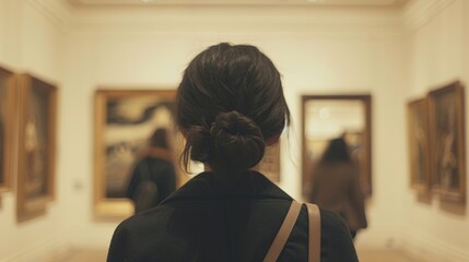 Woman Observing Art in Museum Gallery