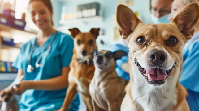 Happy dog up front with veterinary staff caring for pets in the clinic background.
