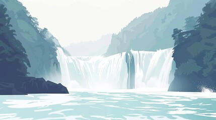 Tranquil Waterfall Amid Misty Mountains