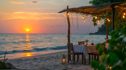 Private romantic dinner setup on the beach with sunset