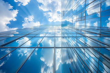 Reflective skyscrapers, business office buildings. Low angle photography of glass curtain wall details of high-rise buildings.The window glass reflects the blue sky and white clouds. . High quality - Powered by Adobe