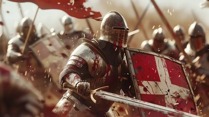 A knight in full armor, with a red and white shield, charges into battle. He is surrounded by enemies, but he is fearless. He is determined to win.