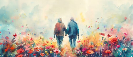 An elderly couple is walking through a field of flowers