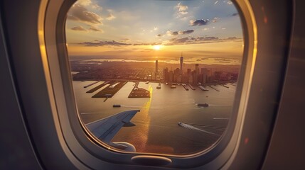 Breathtaking aerial cityscape at sunset viewed through airplane window. A moment of travel wonder. Urban skyline in golden hour. Inspirational journey scene. AI