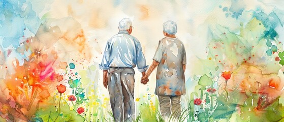 An elderly couple is walking away from the camera, surrounded by a field of flowers