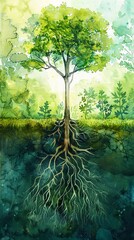 Fototapeta premium A watercolor painting of a tree with deep roots