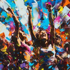 A group of people are celebrating with their arms in the air. They are happy and excited. The background is a bright and colorful abstract.