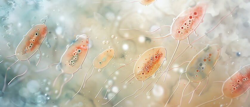 Generate an image of a paramecium and euglena in a pond under a microscope