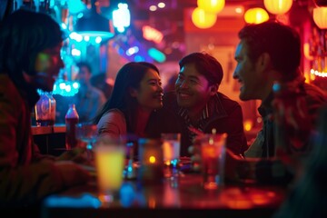 Young asian man and woman sitting at bar counter in night club