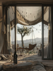 A glamping yurt or safari tent is comfortably furnished with chairs, wine and lighting, a beautiful view of Joshua Tree mountains from inside an Eco resort, luxury camping safari tent with curtains