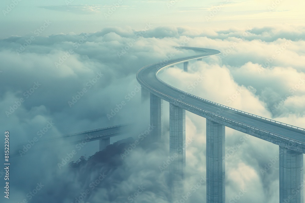 Wall mural surreal scene where a freeway gently curves up into the clouds, inviting the viewer to imagine a jou