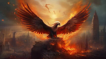 A breathtaking phoenix rising from the ashes, its wings spread wide against a backdrop of smoldering ruins, glowing embers floating in the air, conveying a sense of rebirth and renewal, Illustration, 