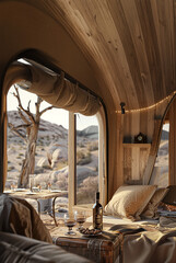 An organic bent wood glamping hut in Joshua tree with comfortable furnishing - a rugged  mountain view from inside an Eco resort, luxury camping, lush life safari tent