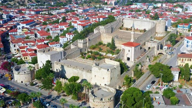 Aerial view of Izmir Cesme district with its historical castle and marina