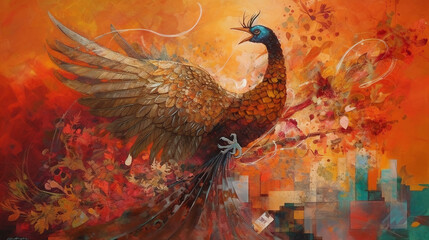 A majestic phoenix soaring in the style of contemporary painter, with a dark red background, in the mixed style of collage and painting, surrealism style, fantasy tale, graphic novel, emphasizing its 