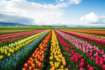 Fototapeta premium Aerial view of colorful tulip fields, showing the geometric patterns formed by different colored tulips