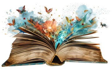 Open book with words and magical elements like stars, light, and imaginative creatures floating up from the pages, symbolizing the inspiration drawn from reading and stories