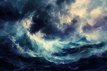 Dramatic mood of a storm at sea, focusing on towering waves and dark, swirling clouds